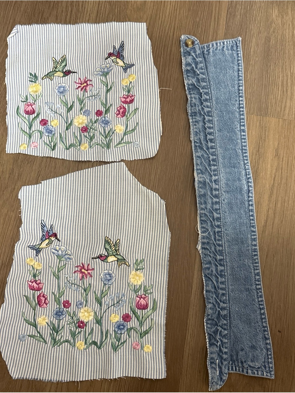 Embroidered Floral & Hummingbird Fabric Panels - Blue/White Stripe